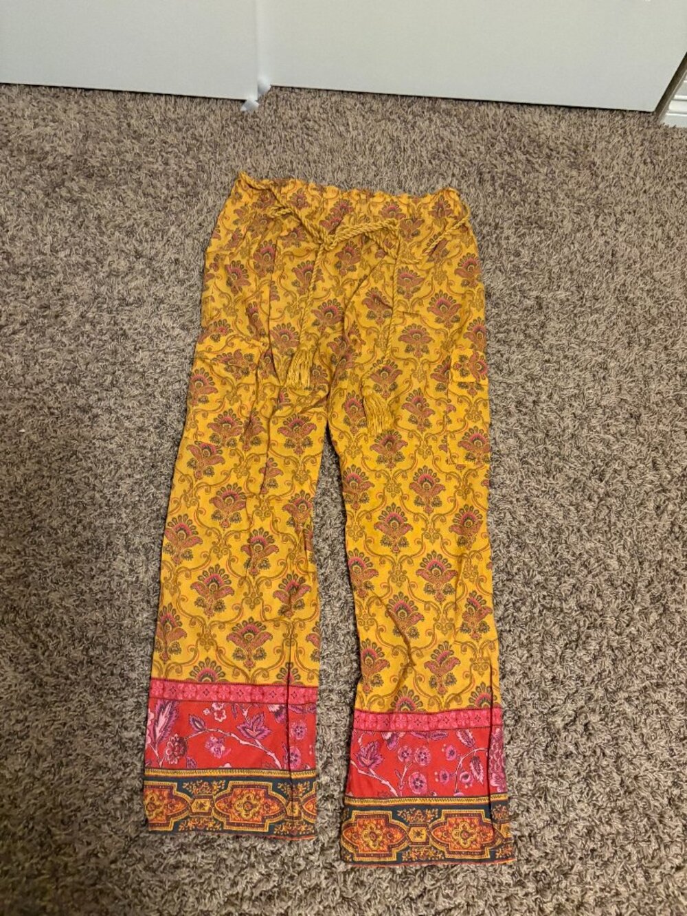 Sundance Floral Print Pants Small Yellow Elastic Waist Tassel Tie Belt Cotton